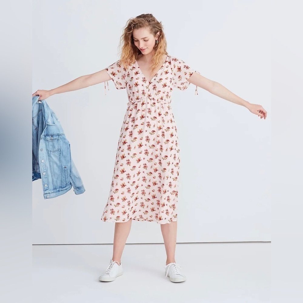 Madewell Tie-Sleeve Ruffle-Waist Midi‎ Dress in Countryside Blooms Pink 2